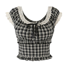 LIZAKOSHT - Summer Women Plaid Spliced Lace Bow O Collar Elastic Strap Tank Top Slim Corset Wood ears Slim Waist Elastic Back Crop Vest