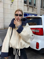 LIZAKOSHT Solid Woolen Hooded Loose Bomber Jacket For Women Fashion Patchwork Contrast Drawstring Thick Coat Female Warm Street Outerwear