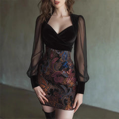 LIZAKOSHT - Sexy Transparent Mesh Stitching Long-sleeved Dress Women's Temperament Waist V-neck Wrap Hip Dress Spring Geometric Print Skirt