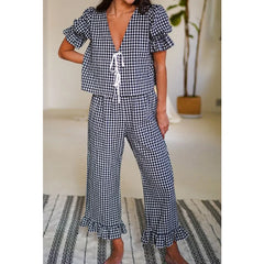 LIZAKOSHT  -  Summer 2 Piece Set for Women Plaid Print V Neck Tie Front Short Sleeve Shirt Top and Wide Leg Pants Streetwear
