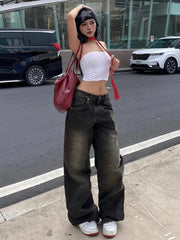 LIZAKOSHT - Streetwear Women'S Jeans Harajuku Cargo Pants Y2K Casual Denim Distressed Straight Wide Leg Trousers Female Korean 2024