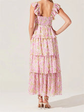 LIZAKOSHT - Women's Floral Dress Stylish Multi-Layered Ruffles Split Cap Sleeve Long A-Line Dress Summer