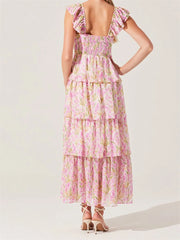 LIZAKOSHT - Women's Floral Dress Stylish Multi-Layered Ruffles Split Cap Sleeve Long A-Line Dress Summer