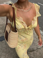 LIZAKOSHT - Floral Print Ruffles Dresses Sexy Printed Fish Tail Party Dress Summer Chic Harajuku Vacation Long Outfits