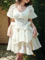 LIZAKOSHT - Elegant Chic Mini Tiered Dress Blue White Summer Party Women Ruffles Puff Sleeve Backless Sexy Ladies Dress Vestidos