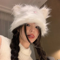 Lizakosht Y2k Plush Cute Rabbit Ears Pullover Women's Hats Autumn and Winter Fashion Warm Korean Street Snap Sweet Cartoon Beanies Cap