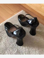 Lizakosht Black girls' high heels, 9cm high, thick heels, not tiring feet, high heels, round toe, Mary Jane single shoes