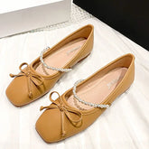 LIZAKOSHT - Woman Fashion Square Toe Brown Kawaii Ballerina Flats Female Rhinestone Pearl Strap Bowknot Mary Jane Cute Shoes Big Size 33-43