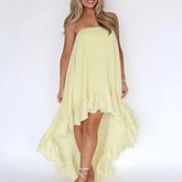 LIZAKOSHT - Sexy Strapless Pleated Irregular Woman Long Dress Yellow Ruffle Edge Design Summer Dress Simple Backless Hollow Out Beach Dress