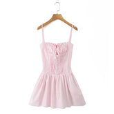 LIZAKOSHT - Summer Women Pink Bow Ruched Chest Corset Style Sling Dress Front Buttons Pleated Low Waist Ball Gown Swing Short Dresses Robe