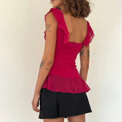 LIZAKOSHT - Y2K Fairy Crop Tops Women Ruffle Trim Tank Tops Sleeveless Square Neck Solid Color Chiffon Tops Vest Summer Shirts