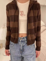 LIZAKOSHT - Casual Women Zip-up Striped Knit Cardigan Autumn Vintage Ladies Pocket Hooded Sweaters Female Chic Long Sleeve Tops