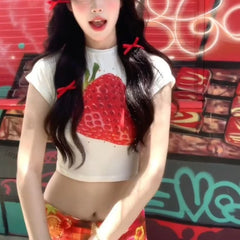LIZAKOSHT - Sweet Summer All Match Commuter O Neck Short Sleeve Shirts Cute Fruit Print Harajuku Streetwear Girl Clothing Y2k Aesthetic Tops