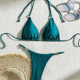 LIZAKOSHT - Solid Color Metal Decorative Bikini Sexy Halter Neck Tie Backless Swimsuit