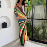 LIZAKOSHT - Chic Rainbow Printed Fashion Slimming Long Sleeve Bodycon Multi Color Patchwork Casual Sexy Package Hip Long Dress Clubwear