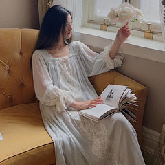 LIZAKOSHT - Women Loose Pure Cotton Nightgown Spring Autumn Sweet Nighty Fairy Lace Long Night Dress Romantic Princess Sleepwear Nightwear