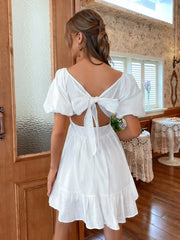 LIZAKOSHT - White Summer Dress Backless Lace Up Ruffles Ruched Solid Tie Back Flounce Hem Dress Puff Sleeve Elegant Dress