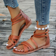 LIZAKOSHT - Cross Low Sandals Woman Leather Suit Female Beige Large Size Round Toe Shoes 2025 Summer Low-heeled Black Closed Fashion Big Bea