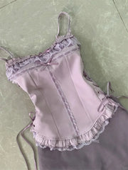 LIZAKOSHT - Sweet Lace Patchwork Short Camisole Vest for Women Summer High Waist Bow Bodycon Skirts Two Piece Sets 2025 Fashion New