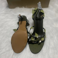 LIZAKOSHT - Green Leafs Narrow Band Women Gladiator Sandals Luxury Flower Evening Party Prom Stiletto Open Toe High Heels Female Dress Shoes
