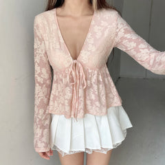 LIZAKOSHT - Pink Sweet Cute V-Neck Bow Tie T-Shirt Casual Lace Long-Sleeve Top Autumn Clothing For Women Chic Streetwear Outfits