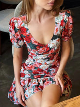 LIZAKOSHT - Holiday Print Women Mini Dresses Fashion Casual Deep V-Neck Short Sleeves Vestidos Summer Female Sexy Club Party Outfits Bodycon