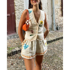 LIZAKOSHT - New Chic Sleeveless Printed Vest Casual Loose Holiday Two-piece Set for Women