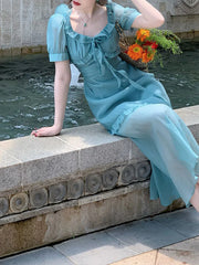 LIZAKOSHT Fashion Dresses for Women Short Sleeve French Style Ruffles Dress Solid Midi Casual Square Collar New Spring Summer Dress