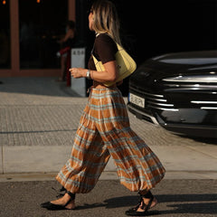 LIZAKOSHT - Y2K Vintage Plaid Printed Loose Pants Women Boho Ramie Bloomers Female Fashion Versatile Drawstring Streetwear Casual Trousers