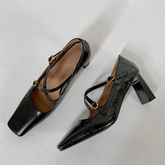 LIZAKOSHT - Fashion Pumps New High Quality Genuine Leather Square Head Cross Buckle High Heels Mary Janes Commuter Women's Shoes