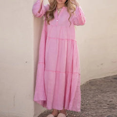 LIZAKOSHT  -  Sexy V-neck Flared Sleeve Loose Long Dress Fashion Button Pleated Solid Maxi Dress Spring Autumn Casual Cotton Linen Party Dress