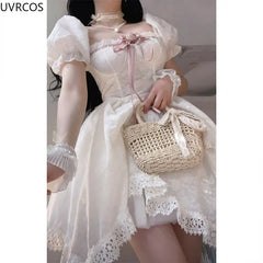 LIZAKOSHT - Summer Sweet White Fairy Dress Women Elegant Square Collar Evening Party Mini Dresses Girly Korean Style Lace Short Sleeve Dress