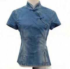 LIZAKOSHT - Y2k Chinese Style Denim T Shirt for Women Stand Collar Spring Summer Ropa De Mujer Solid Vintage Versatile Short Tees