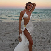 LIZAKOSHT - Sexy 3D Flower Hallow Out Maxi Dress Women Deep V-neck Backless High Split Lace Up Party Dresses 2025 Summer Lady Beach Robe