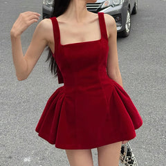 LIZAKOSHT - A-line Pleated Dress Party Holiday Red Backless Removable Bow Princess Dresses Coquette Aesthetic Mini Sundress Y2K
