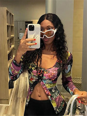 LIZAKOSHT - Autumn Trend Colorful Print Crop Tops Women Streetwear Low-Neck Long Sleeve Single-Breasted Shirts Y2K Sexy Blouses