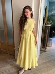 LIZAKOSHT - Lace Up Sleeveless Maxi Dresses Woman Cotton Linen Loose O-neck Long Dress Ladies Casual Solid Colors Summer Office Robe