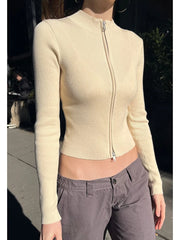 LIZAKOSHT - Solid Sexy Slim Knitted Cardigan Sweater Women Autumn Soft Cotton Double Zippers Crop Top Vintage Simple Sweet Cardigan Tops Y2k