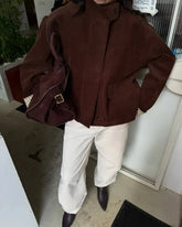 LIZAKOSHT  -  Autumn Chic Plaids Linen Solid Corduroy Coats Elegant Female Stand Collar Zipper Long Sleeves Jacket Fashion Lady Street Outwear