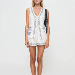 LIZAKOSHT - 2 Piece Set y2k Clothes Women Vacation Moon Plant Print Sleeveless Tops and High Waist Shorts 2000s Beach Streetwear