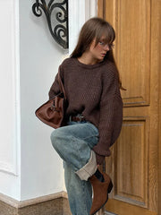 LIZAKOSHT - Fashion Loose O-neck Knitted Pullover For Women Casual Long Sleeve Solid Chic Sweater Autumn Winter Lady Daily Knitwear New