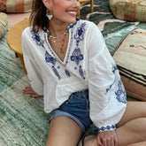 LIZAKOSHT - Boho Floral Embroidery Blouse Shirt Women Tops Vintage White Cotton Lantern Long Sleeve Deep V-neck Spring Summer Blouses Blusas