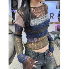 LIZAKOSHT - Deeptown Y2K Vintage Women's Knit Sweater Striped Hollow Out Cropped Pullover Korean Fashion Backless Spring Jumper Harajuku