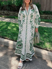 LIZAKOSHT - New Style Printed Long Dress with Slit Sleeves and V-Neck Casual Lace Beach Resort Dress