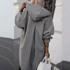 LIZAKOSHT  -  Winter Fashion Thousand Bird Grid Hooded Coat Casual Streetwear Long Sleeve Cardigan Office Vintage Single Breasted Loose Jacket