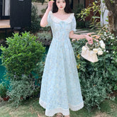 LIZAKOSHT - Sweet Print Floral Women Dresses Puff Sleeve Beach Style Elegant Long Dress Korean Fashion Vintage Vestidos Mujer