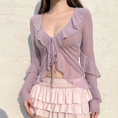 LIZAKOSHT - Fairy Temperament Ruffle V Neck Long Sleeve Mesh Thin Shirts Y2k Summer Elegant Simple Lace Up Cardigan Harajuku Punk Street Top