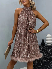 LIZAKOSHT - Lacing Up Half High Collar Women Sequins Dress Female Hollow Out Off Shoulder Club Dress Casual Patchwork Sleeveless Party Dress