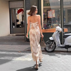 LIZAKOSHT - Fashionable Sexy Print Halter Neck Sleeveless Women's Dress Tight Waist Crossbody Strap Ankle-Length Empire Waist Gown