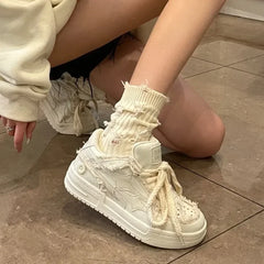 LIZAKOSHT - New Women Shoes Retro Fashion Star Skateboard Shoes White Leather Sport Casual Shoes